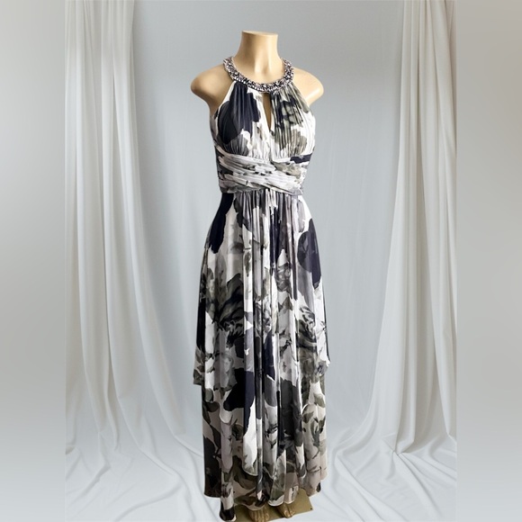 Eliza J Gray Floral Halter Maxi Dress Beaded Empire Formal Gown Event Wedding 2 - Picture 8 of 14